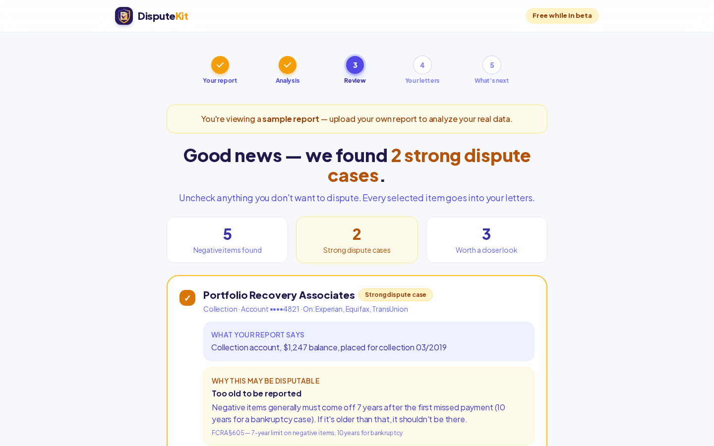 Analysis results showing flagged items